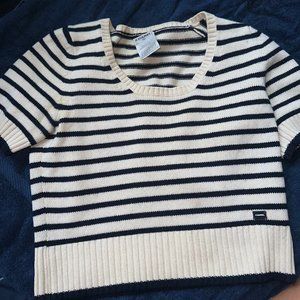 Vintage Chanel Cashmere Cropped Short Sleeve Striped Sweater Size 38